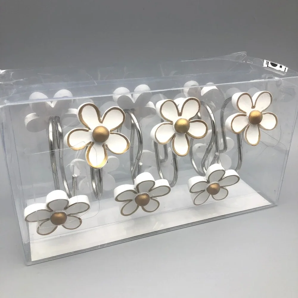 Simple Clever Homes Daisy Flower Shower Curtain Hooks Set of 12 White Gold Resin